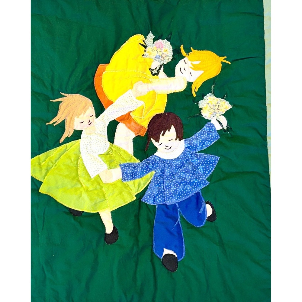 Handmade small quilt Art 3 Children Dancing Floral Border Green Blue Yellow